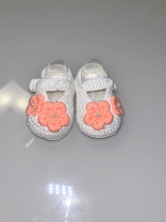 Other - White Baby Mary Jane Booties with Coral Flower Appliqués
